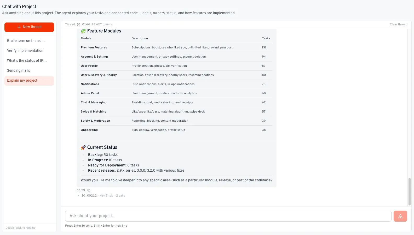 PM Helper – chat with your project, feature modules and task status