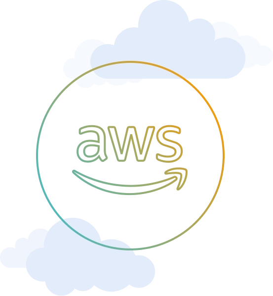 AWS outlined colored logo in clouds